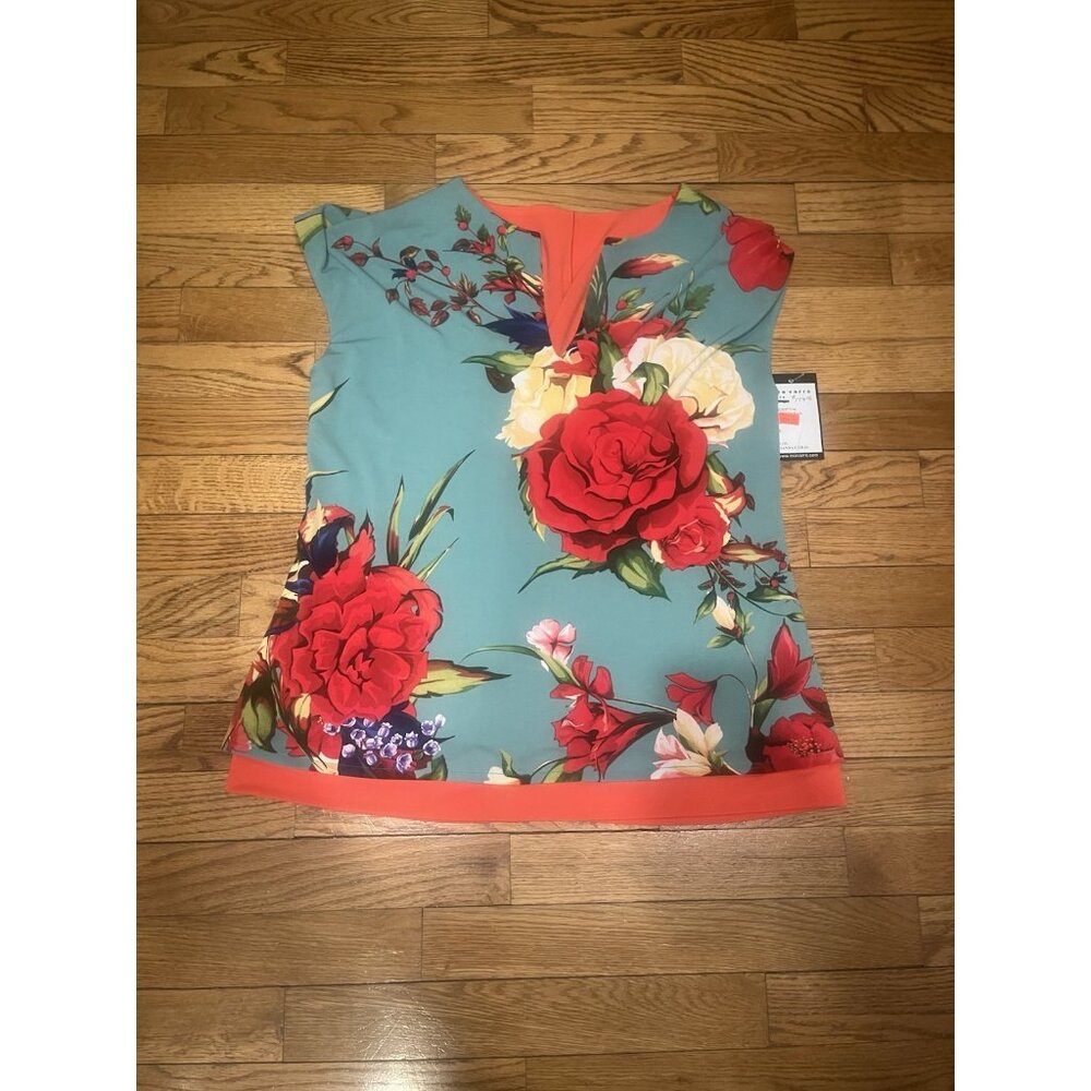 Cap Sly Slit Neck TurnOver Top Eva Varro Amanda Coral Shirt Large NWT